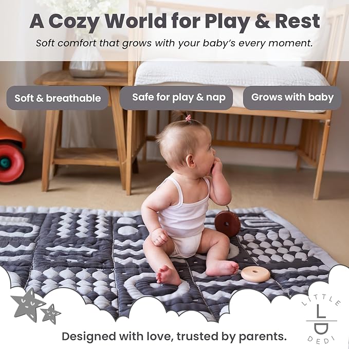 3D Soft Organic Cotton Crawling Blanket – GOTS Certified, 40x40 in Montessori Design for Motor Skill Development, Reversible, No Loose Threads – Washable & Sustainable