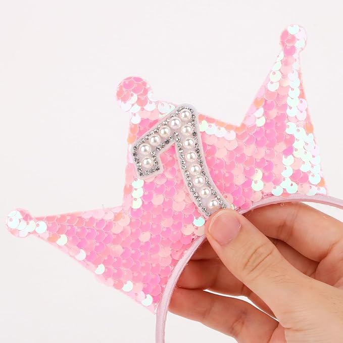 Birthday Crown Headband Pink Glitter Headbands for Girls Gifts for 7 Year Old Girls 7th Birthday Decorations