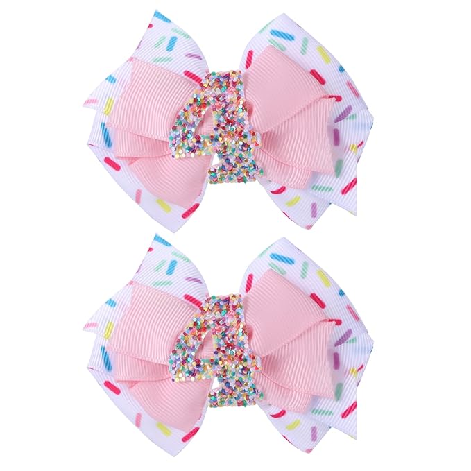 2pcs Birthday Hair Bow for Baby Girls, Sprinkle Confetti 4th Birthday Decorations Girl, Ice Cream Party Theme Bow Clips for Baby Girls Pink Hair, Happy 4th Birthday Girl Hair Bow Clips