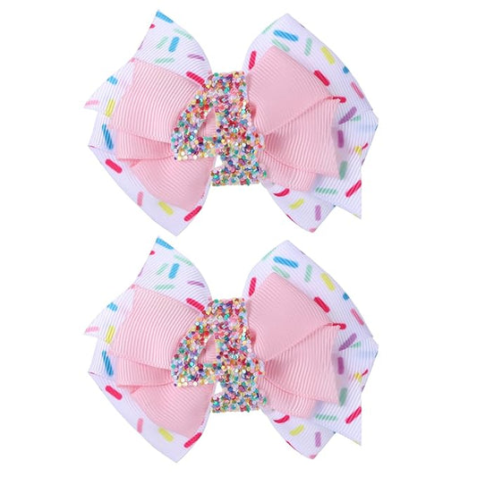 2pcs Birthday Hair Bow for Baby Girls, Sprinkle Confetti 4th Birthday Decorations Girl, Ice Cream Party Theme Bow Clips for Baby Girls Pink Hair, Happy 4th Birthday Girl Hair Bow Clips