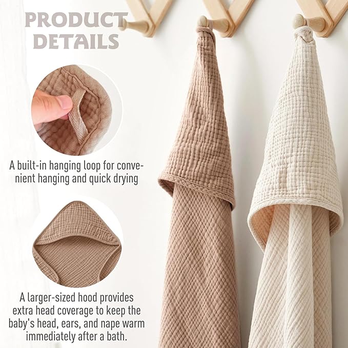 Cinaci 1pc Soft & Absorbent 100% Muslin Cotton Baby Hooded Bath Towel for Baby Girls Boys Newborns Infants Toddlers Kids (Brown)