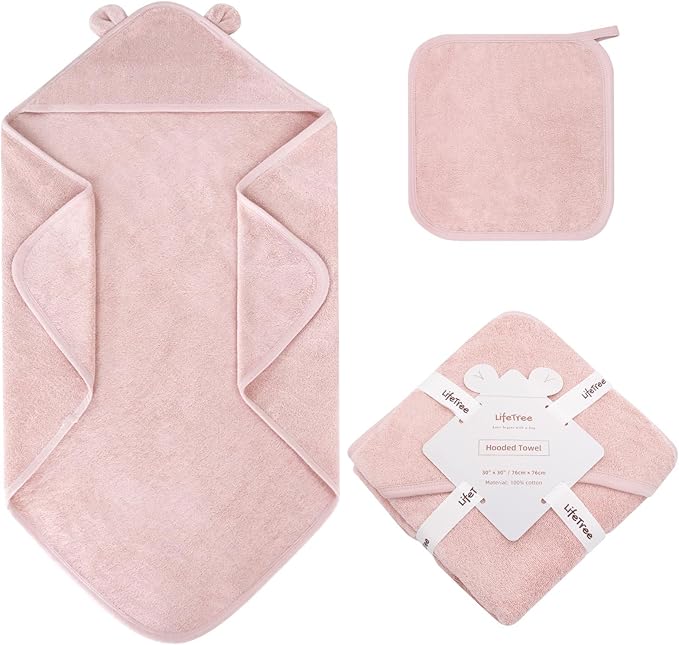 LifeTree 1 Pack Baby Hooded Towel with 1 Pack Washcloth for Newborn, 100% Cotton Bath Towel for Babies, Infant, Toddler and Kids, Thick,Soft and Absorbent, 30 * 30 Inches, Newborn Essentials, Pink