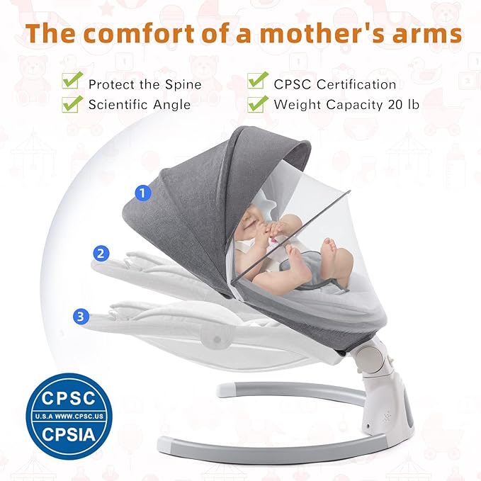 Jaoul Baby Swing for Infants - Electric Portable Newborn Bouncer, Timing Function, 5 Speeds, 3 Seat Positions for Boys and Girls (Gray)