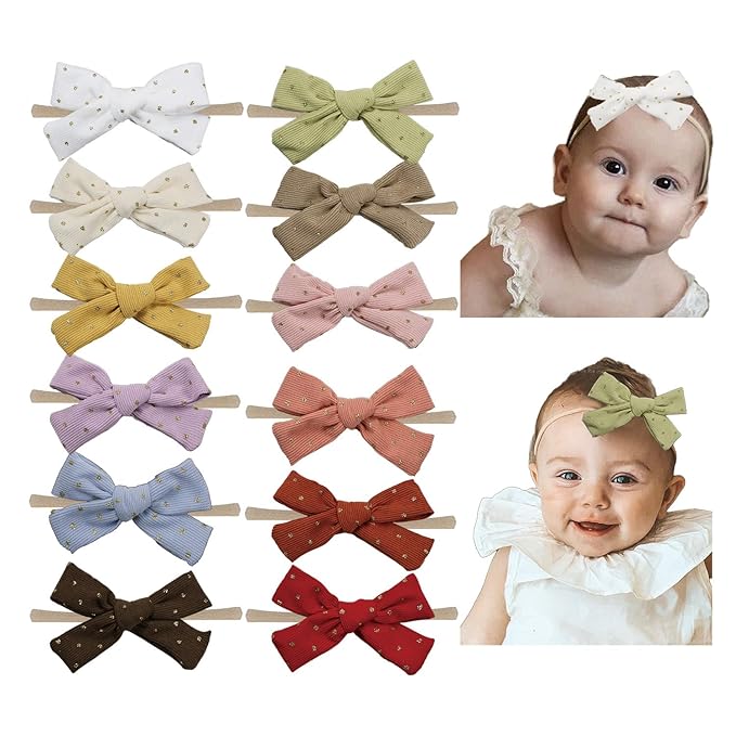 Baby Girl Hair Bow Nylon Headband with Dots, Corduroy Tiny Bow Hair Bands 12pcs for Newborn Infant Toddlers(corduroy B 12PCS)