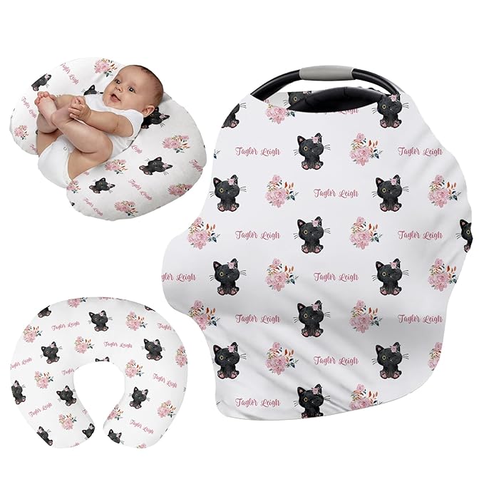 Custom Name Car Seat Canopy - Baby Car Seat Covers, Black Cat Print Infant Stroller Cover, Carseat Canopy Christmas Birthday Gifts for Girls and Boys(27"x29")