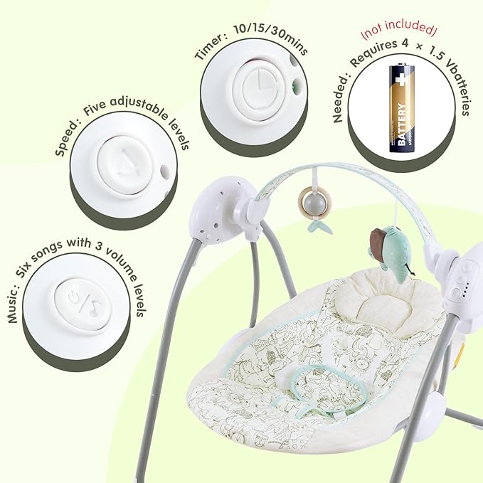 Portable Baby Swing for Infants, Compact & Foldable Infant Swing with 5-Speed Swing,Music, Timer, Cushioned Seat, Battery Operated, 0-9 Months 6-20 lbs,SG2404