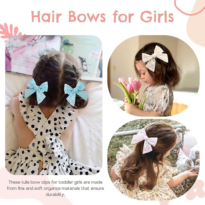 CN 6 PCS Tulle Hair Bows for Girls, Toddler Bows with Glitter Star Alligator, Colorful Hair Barrettes Wedding Sequin Hair Accessories for Baby Girls Infants Toddler Teens Party(Style J)