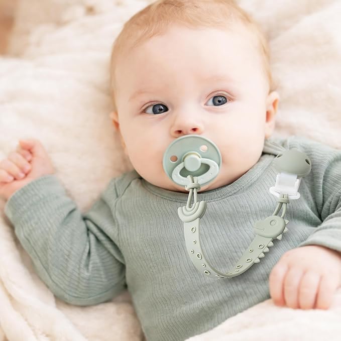 Pacifier Clips for Baby Boys Girls, One-Piece Silicone Pacifier Holder Strap 4 Pack, Binky Paci Clips Animal Rainbow Design, Lightweight Break-Resistant, Dishwasher Safe-Ivory+Baby Blue