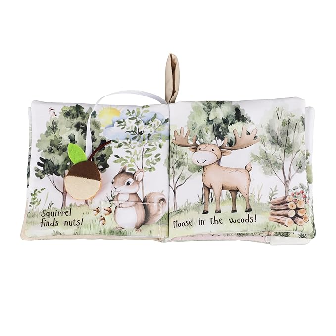 Ali+Oli Baby Cloth Book – Soft Sensory Crinkle Book with Teether for Infants 0-12 Months – Early Learning Touch & Feel Tummy Time Toy – Newborn Shower Gift for Boys & Girls - Forest Friends