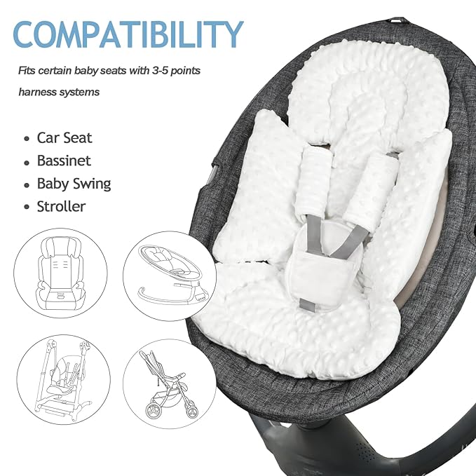 Infant Car Seat Insert Boy Girl, 3 in 1 Newborn Carseat Insert with Strap Pads, Car Seat Head Support for Baby Strollers, Swings, and Bouncers, Comfortable and Machine Washable, White