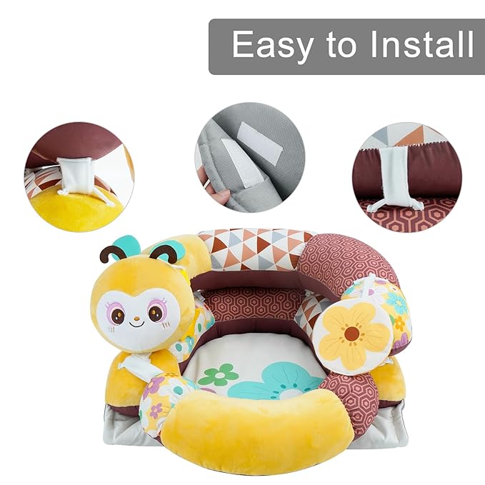 Lovvie & Joy 2-in-1 Tummy Time Mat & Seated Support Pillow,Baby Tummy Time Pillow Support for Newborns and Older Babies,with Detachable Support Pillow and Toys Bee Spirit