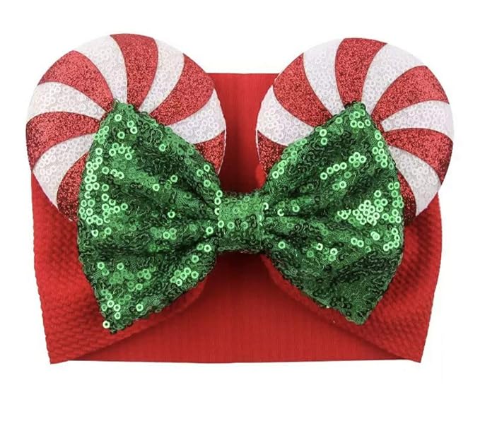 CLGIFT Minnie Ears Hairband, Peppermint Candy Style, Handmade for Baby/Toddler Girls, 1 Count (Pack of 1), Flexible Material, Sequin, Occasion: Halloween, Christmas, Birthday, Hair Accessory