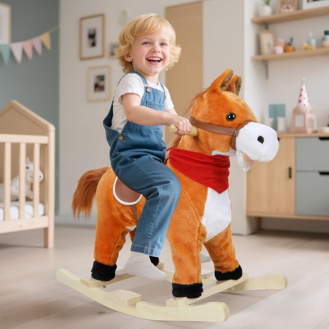 Rocking Horse for Toddlers Ages 1-6, Plush Ride On Toy with Sounds Moving Mouth & Wagging Tail, Interactive Wooden Rocker for Kids, Baby Rocking Chair Toys up to 120kg (Light Brown Small)