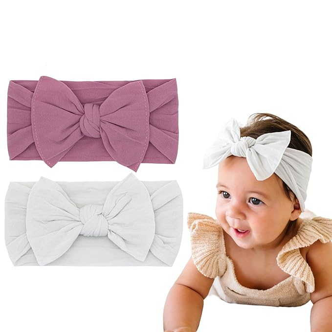 Baby Bling Bows - Newborn to Little Baby Girl Bows, 2 Pack Nylon Super Soft Stretchy Knot Toddler Headbands, Perfect Hair Accessories Head Bands for Infant Kids(Mauve & Ash)