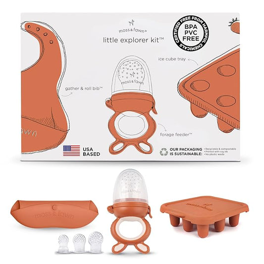 Moss and Fawn Little Explorer Kit - Silicone Frozen Breast Milk Popsicle Kit with Forage Feeder, Teething Popsicle Ice Cube Tray, & Gather & Roll Baby Feeding Bib - BPA, PVC, & Lead-Free - Terracotta