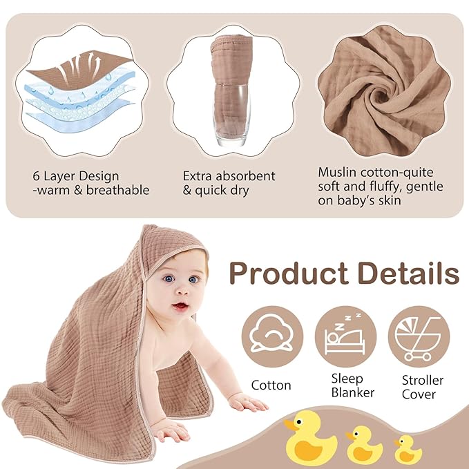 Peryiter 4 Pcs Muslin Hooded Baby Towels 32 x 32 Inch Cotton Newborn Bath Essentials Muslin Infant Blankets Absorbent Registry Gifts for Girl Boy Kids Baby Shower (White,Coffee,Blue)