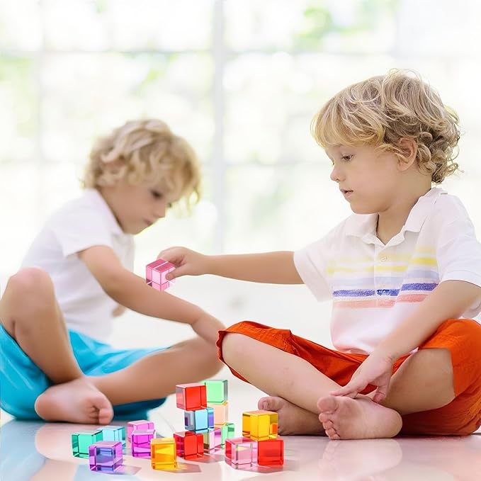Meooeck 20 Pcs Acrylic Gem Cubes Blocks for Kids Translucent Rainbow Building Blocks Crystal Light Shadow Stacking Toys for School Education Training Learning(2.5 x 2.5 x 2.5 cm)