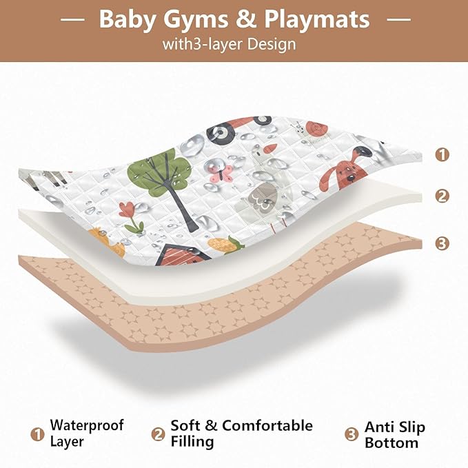 Baby Play Mat Cartoon Farm Animals 50 x 50 Playpen Mats for Floor Play Gym Crawling Mat Non-Slip Cushioned Baby Playmat for Infants, Babies, Toddlers