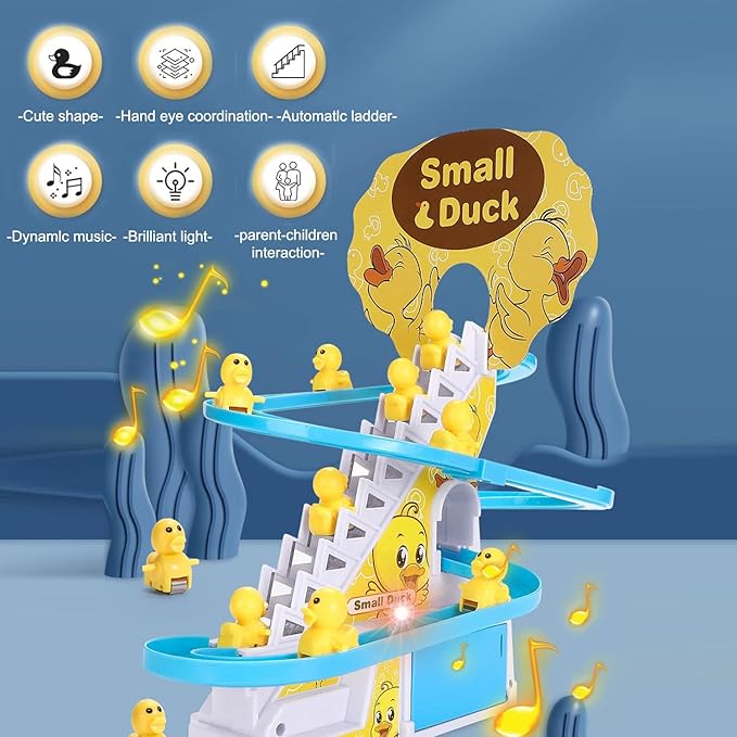 Small Ducks Climbing Toys, Electric Llittle Duck Climbing Stairs Toy,Roller Coaster Toy Set with LED Flashing Lights & Music,Duck Track Slide Toy Gift for Toddlers Kids Age 3