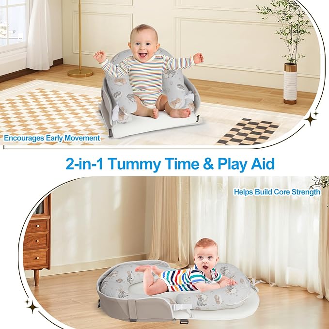 Portable Baby Lounger & Tummy Time with Zip-Up Carry Bag, Infant Support Cushion for Newborns to Toddlers (Leaf)