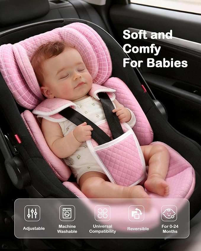 Infant Car Seat Insert Adjustable Head Support for Preemie Newborn Toddler, Reversible Baby Head Body Support Cushion for Carseats and Strollers Side Impact Protection - Pink