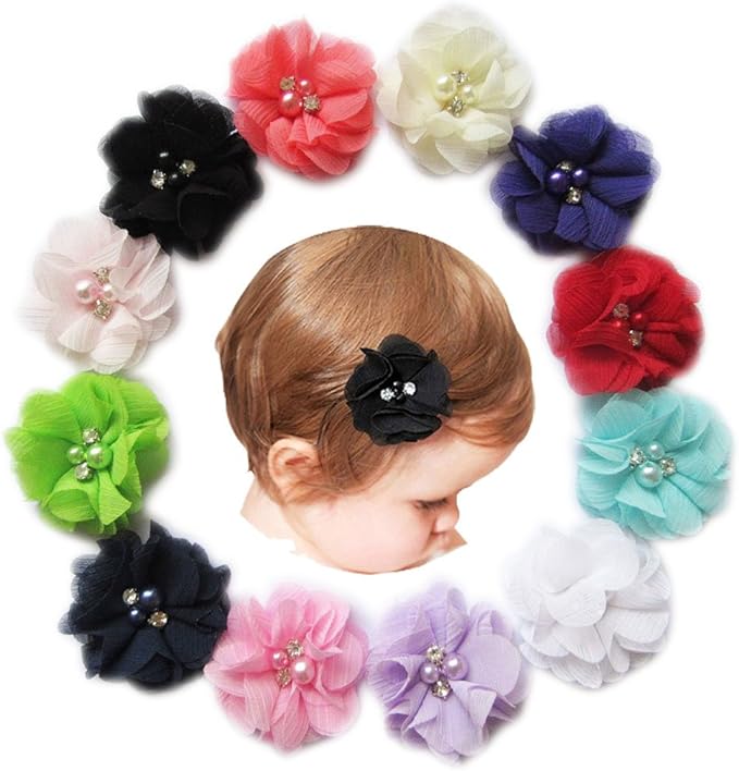 Baby Girls Chiffon Flower Hair Clips with Rhinestones and Pearl,YYCRAFT 24 pcs Party Wedding 2" Hair Accessory for Kids Toddler Infant Girls(12 colors)