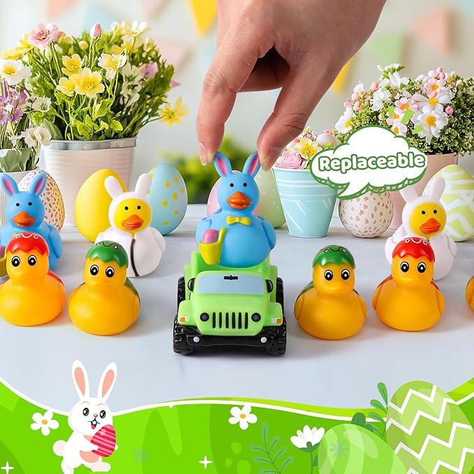 24 Pcs Easter Rubber Ducks for Jeeps, Easter Basket Stuffers Easter Egg Fillers, Ducks for Ducking3.5 Inch Cars for 2 Inch Ducks, 12 Easter Ducks with 12 Off-Road Vehicle, Easter Party Favors Gifts