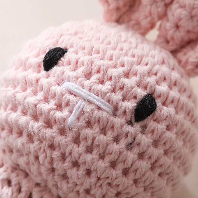 Wooden Baby Rattle，Crochet Bunny Rattle with Wood Ring, Newborn Wooden Animal Rattle Toy，Infant Pink Bunny Wood Rattle Toys
