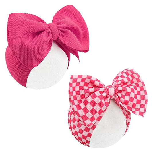 YanJie 2PCS 7’’ Hot Pink Bows for Baby Girls Checkered Headband Pink Bow Infants Toddler Hair Accessories Newborn Headbands Hair Bow Baby Clothes