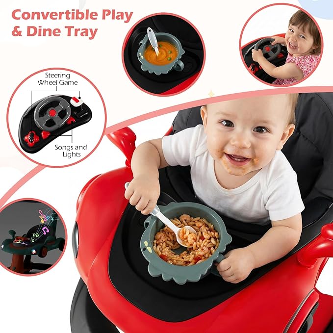 INFANS 6-in-1 Foldable Baby Walker, Converts Push Car to Bouncer, Rocker with Music, Lights, Adjustable Height & Speed, Activity Center, Canopy for 7-18 Months (Red)