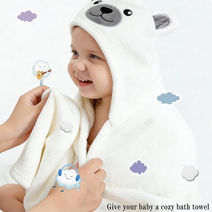 Toddler Baby Bath Towel with Hood 27.5"X55" Ultra Absorbent Soft Cozy Comfort Bathrobe Blanket, 0-6 Years Infant Shower Towel for Girls & Boys(Pearl)