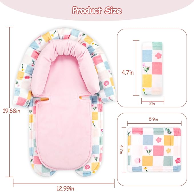 SWESEN Baby Car Seat Head Support, Super Soft 2 in 1 Infant Car Seat Insert, Reversible Newborn Car Seat Insert Cushion with Strap Covers for Strollers, Bouncers, Swing, Floral