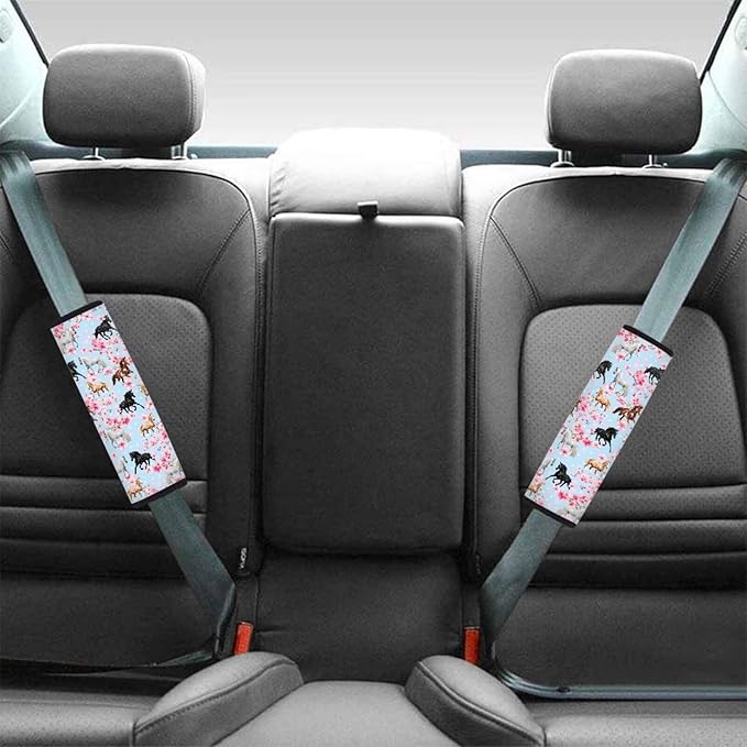 AFPANQZ Horse Cherry Blossoms 2 Pack Car Seat Belt Pads Covers Harness Universal Fit Cute Safety Seatbelt Comfortable Pads Cushion for Adults Kids Non-Slip Shoulder Straps