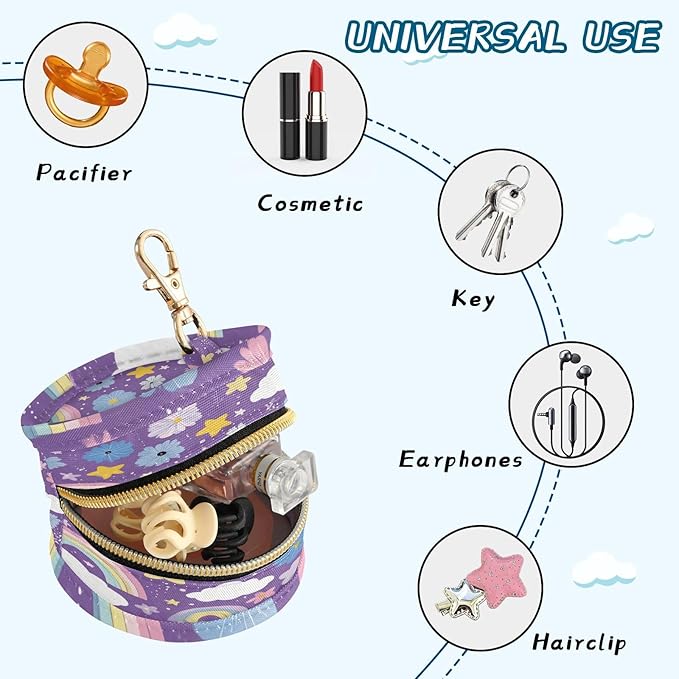 Pacifier Holder with Clip Pacifier Case for Diaper Bag Round Baby Pacifier Pouch Box Bag Portable Cute Purple Rainbows Stars Flowers