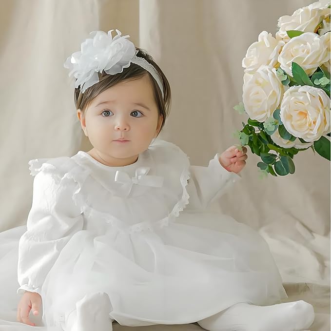 Baby Girls Flower Headbands Cute Kids Christening Headband Soft Lace Hairbands Floral Crown Newborn Infant Toddlers Hair Accessories for Birthday Party Photography(Beige Flowers)