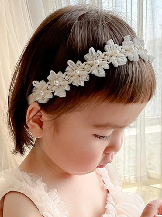 Baby Girls Hairband White Bow Lace Headbands Handmade Soft Stretchy Wide Head Band Newborn Hairbands with Bows Pearls Elastic Headband for Infant Hair Accessories（White Flower Pearls）