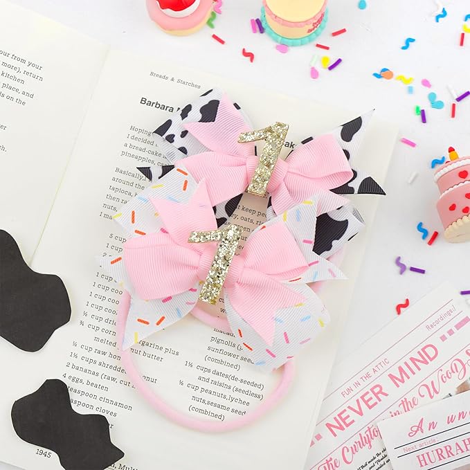 YanJie 4'' Baby Girl Birthday Hair Bow for 1 Year Old Newborns Glitter Cow Print Infant Headbands Sprinkle First Birthday Hair Accessories Pink Bows