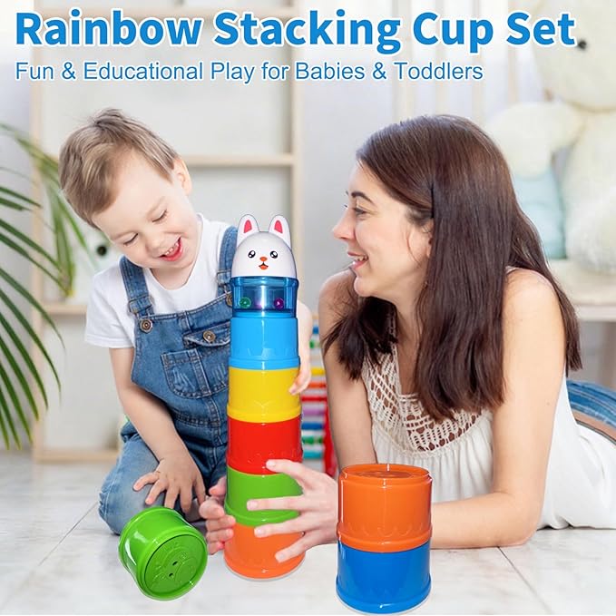 WEEJOYGAM Baby Stacking Cups, Nesting Stacking Toys for Toddlers 1-3 Montessori Toys for 1 Year Old Girl Boy Easter Basket Stuffers Birthday Gift 0-6 6-12 Month Cause and Effect Color Stack Blocks Set