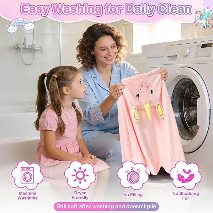 Flasoo 4 Pcs Toddler Towels Set, 1 Thick Toddler Bath Towel & 3 Washcloths, Large 55" x 27.5" Hooded Toddler Bath Towel, Hooded Towels Kids, Soft Toddler Towels with Hood 0-5 Years for Kid (Unicorn)