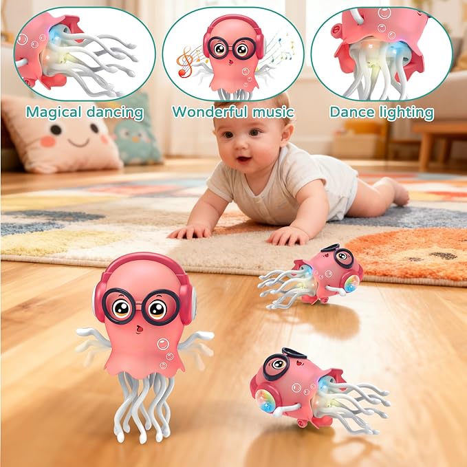 Electric Dancing Sea Creature Toy for Kids, 360° Rotating Tentacles with Music & Lights, Bump & Go Function, ABS Material, Ideal Gift for Ages 3+ (Battery Not Included) (Pink)