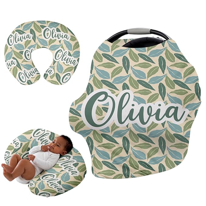 Custom Car Seat Covers for Babies - Breathable Baby Car Seat Cover for Girls Boys, Green Print Kick-Proof Newborn Carrier Canopy Stretchy Stroller Cover for 4 Seasons