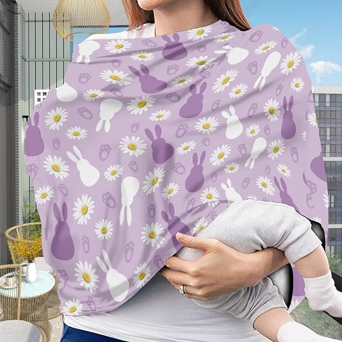 Wanyint Stretchy Baby Car Seat Covers Carseat Canopy Baby Breastfeeding Stroller High Chair Shopping Cart Cover Nursing Scarf Infant Stroller Cover, Easter Rabbit Paw Daisy Violet