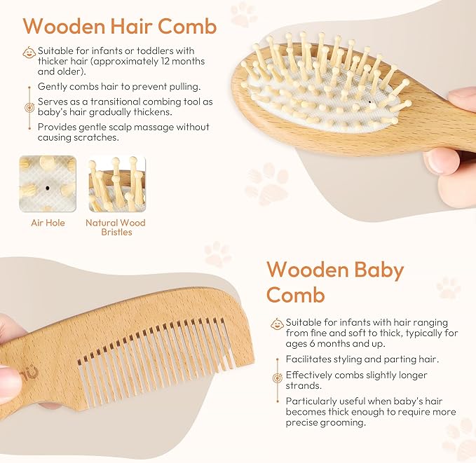 Baby Brush and Comb Set - 4 Piece Wooden Soft Bristle Hairbrush for Newborns, Baby Brush for Cradle Cap - Essentials Care Kit - Baby Shower Gift for Boys & Girls
