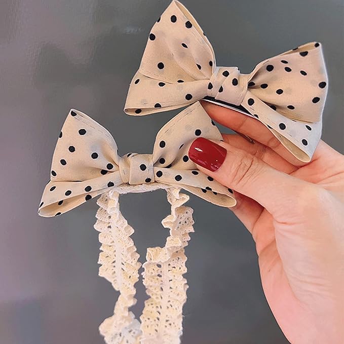 Baby Girls Hairbands Bow Lace Headband Handmade Soft Stretchy Pink Bowknot Hairbands Newborn Hairband with Bows Elastic Hair Bands for Kids Infant(Black and Ehite Polka Dot Bow