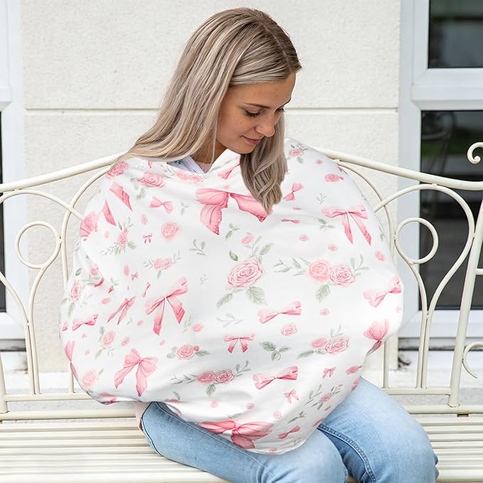 Car Seat Cover Baby Girls, All-in-1 Carseat Canopy for Babies, Multi-Use Infant Carrier Cover, Stroller Sun Shade, Nursing Breastfeeding Cover, Comfortable and Machine Washable, Pink Rose