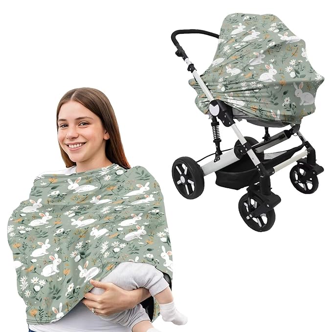 Bunny Carseat Canopy for Babies Cute Breastfeeding Nursing Pillow Slipcovers Breathable Fits Snug On Infant 2PCS Baby Feeding Essentials