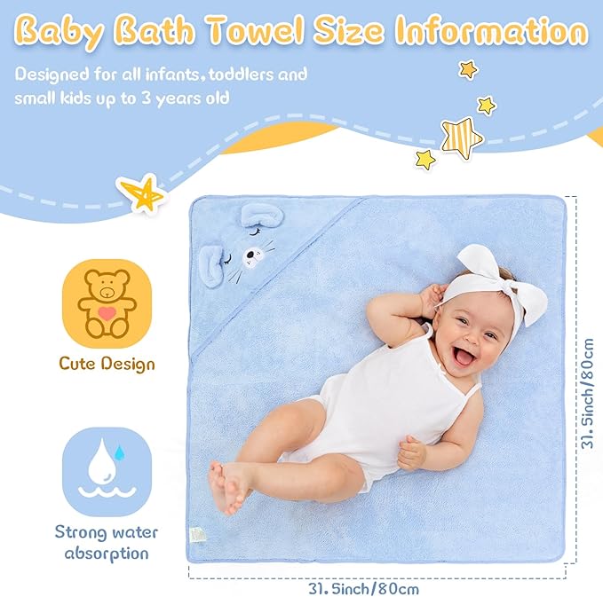 Preboun 4 Pcs Baby Bath Towel Coral Fleece Baby Hooded Towel Absorbent Soft Towels for Newborn Cartoon Animal Hooded Bath Blanket for Kids Toddler Infant Shower (Cute Style)