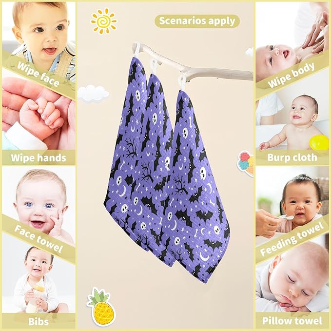 Halloween Bats Skull Baby Washcloths Newborn Muslin Burp Cloths 3 Pack Soft Cotton Baby Face Bath Towel Drool Bibs for Infants, Girls and Boys 11.8 x 11.8 Inch