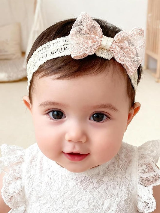 Baby Girls Bow Lace Headband Cute Soft Hairband White Butterfly Knot Headbands for Newborn Infants Toddlers Kids Christening Baptism Birthday Party Hair Accessories（Fan flower bow）