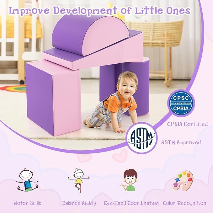 Costzon 5 Pieces Climbing Toys for Toddlers, Soft Foam Block Play Structures Infants Climbers for Child Development, Waterproof Kids Climbing Toys Indoor for Preschool Baby (Pink & Purple)